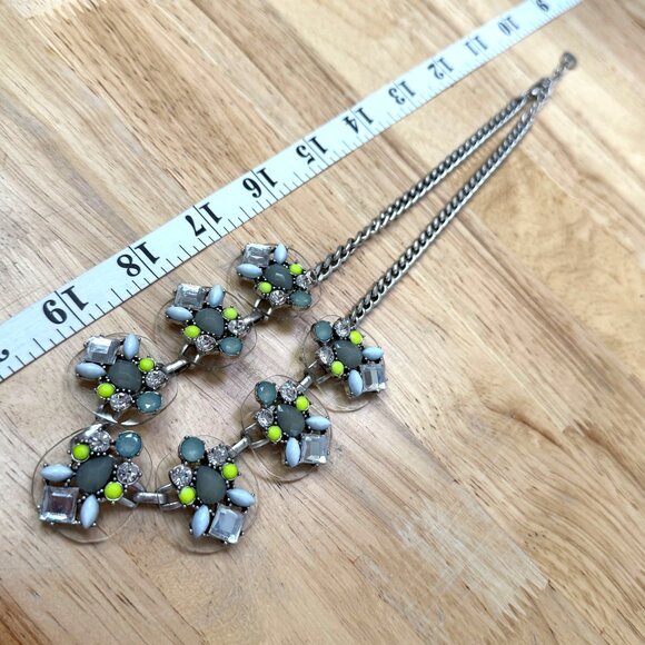 Silver-Tone Statement Necklace With Green Yellow & Clear Crystal Floral Accents - Picture 4 of 5